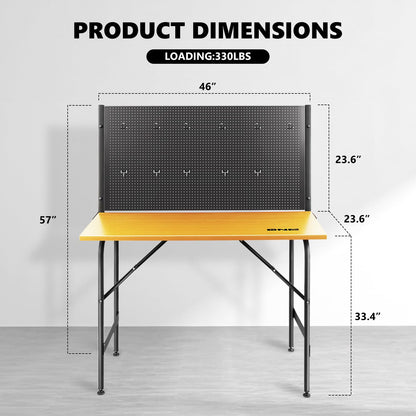 DNA MOTORING 46'' Heavy Duty Work Bench, Hardwood Workbench with Pegboard, Work Table for Garage, Woodworking Shop, Office, Home, w/ 20pcs Multifunctional Hooks, TOOLS-00457