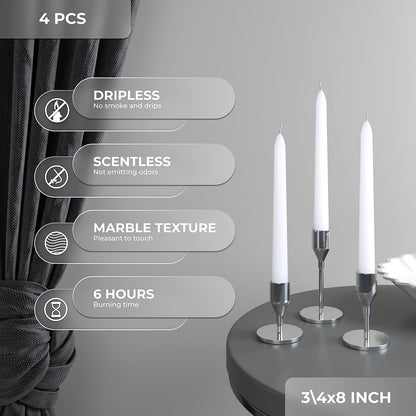 CANDWAX 8 inch White Taper Candles Set of 4 - Unscented Dripless Tapers - Smokeless Christmas Tapers - 6 Hours Burning Time Tapered White Candlesticks - Christmas Candle Sticks