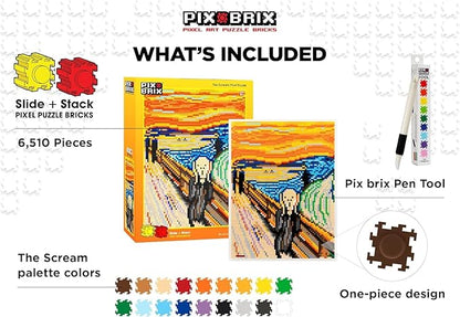 Pix Brix Pixel Art Puzzle Bricks - Pixel Puzzle of The Scream by Edvard Munch 6510 Pieces - Patented Colorful Slide + Stack Building Bricks to Recreate This Famous Painting Builds Without Glue