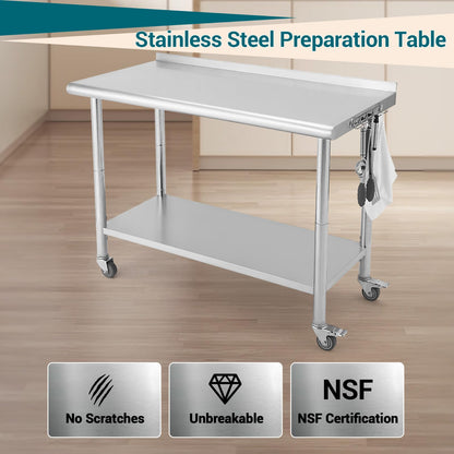 MilleLoom Stainless Steel Work Table with Wheels - 36"x24" Commercial Food Prep Table with Removable Trash Rack & Adjustable Undershelf, Heavy Duty Metal Worktable for Restaurant, Kitchen, Home