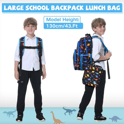 VASCHY Kids School Backpack Lunch Box Bag Pencil Case Combo, Children BookBag Schoolbag Set for Preschool/Kindergarten/Elementry School Supplies Boys Girls Black Dinosaurs