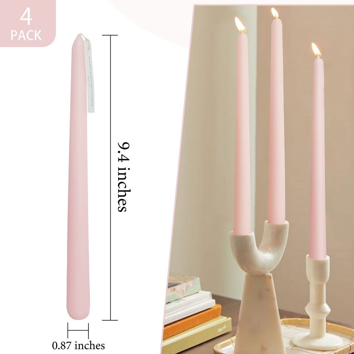 4 PCS Baby Pink Taper Candles - Rose Scented Candles - 10 inch Tall Candles for Holiday Valentine's Wedding Celebration Home Decor