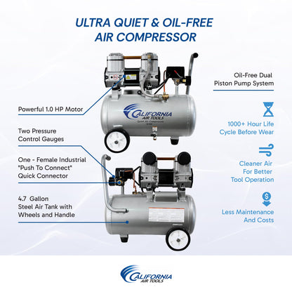 California Air Tools CAT-4710W 1.0 HP Quiet and Oil-Free Air Compressor with Wheels, 4.7 Gallon Steel Tank, 75 dBA Noise Level, Lightweight