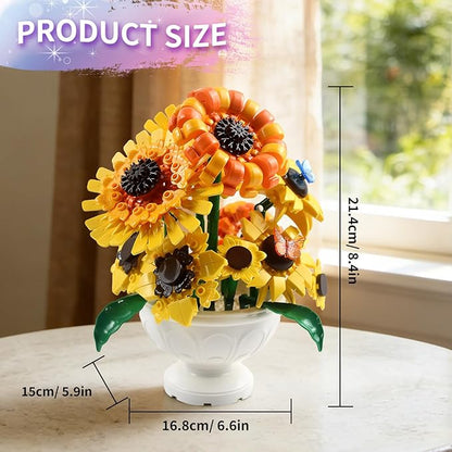 Sunflower Building Blocks for Adults 2-in-1 Botanical Flower Bouquet with Vase Van Gogh Inspired Sunflower Brick Set Decorative Flower Building Kit for Home Decor