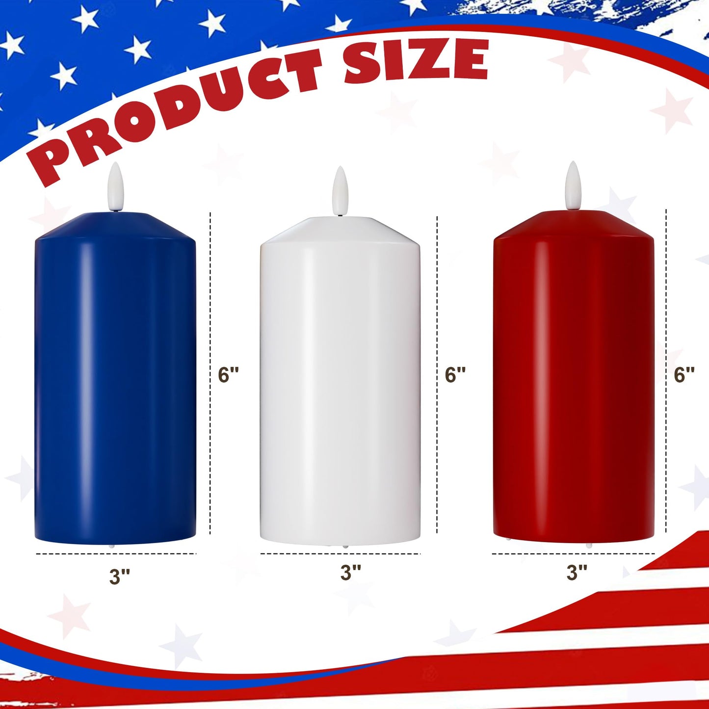 AFINETH Patriotic Red White and Blue Candles, Real Wax Flameless Pillar Candles with Remote, 4th of July Led Candles, Independence Day Flameless Candles for Patriotic Decor, 3 Pack (D 3" x H 6")