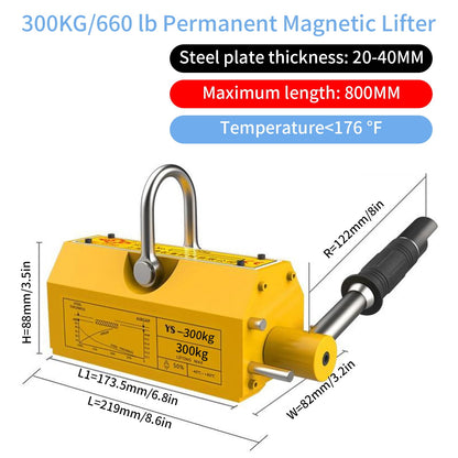 Permanent Magnetic Lifter, 660 lb/300kg Pulling Capacity, Strong Neodymium Magnets Lifting Magnet with Release Handle and Steel Hook for Lifting Plate Steel, Board, Used in Shop Crane, Hoist, Board