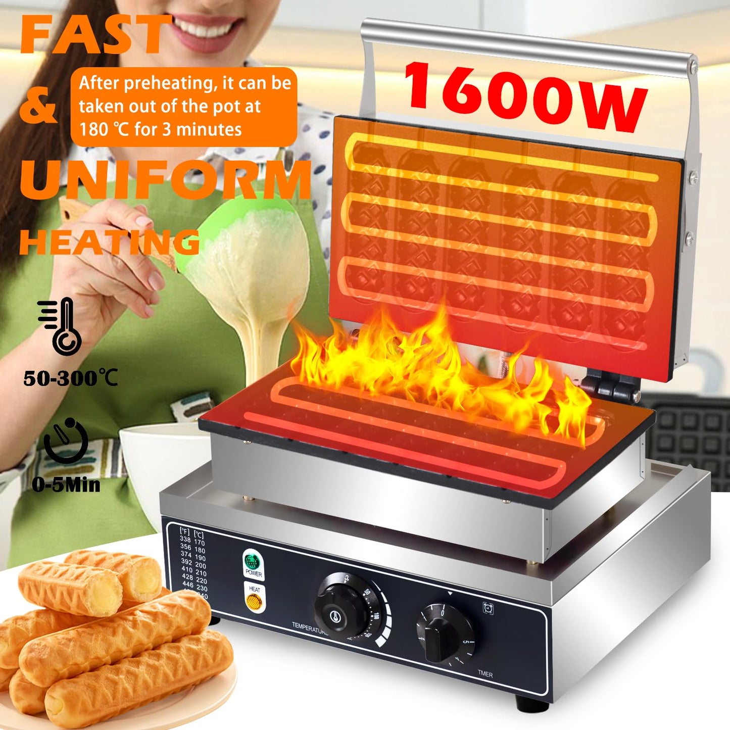 Commercial Corn Dog Waffle Maker,1600W Lolly Stick Waffle Maker,6 Slice Non-Stick,Stainless Steel Corn Hot Dog Waffle Iron with Temp and Time Control, for Restaurant Bakery Snack Bar Family.