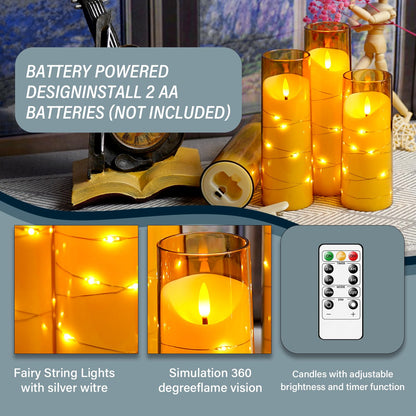 Eebuss Flameless Candles with Embedded Star String, Battery Operated LED Pillar Candles with Timer and Remote Control,Home Decorating for Ambiance， Set of 9 (Gold)