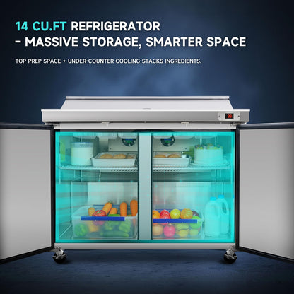 48"W Commercial Sandwich Prep Table Refrigerator - Stainless Steel Door with 12 Pans, 14 Cu.Ft Capacity, Auto Defrost, Digital Temperature Control for Restaurants, Delis, Catering & Convenience Stores