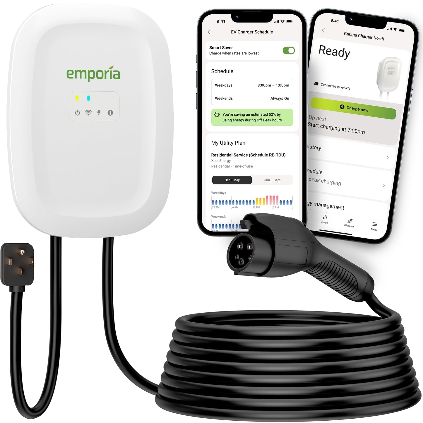 EMPORIA Level 2 EV Charger w/ J1772 Connector — 48 Amp, 240V WiFi Enabled Electric Vehicle Charging Station, 25ft Cable, NEMA 14-50, White