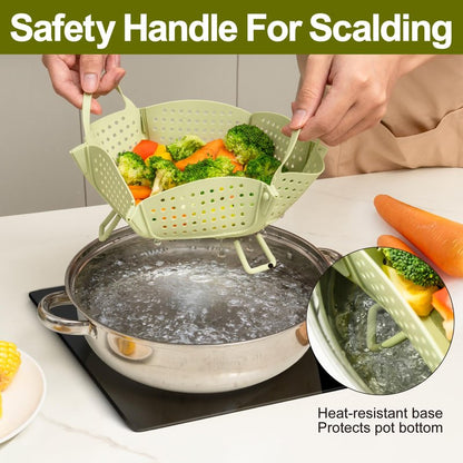Large Collapsible Silicone Steamer Basket, Folding Silicone Vegetable Steamer Basket With Handles, BPA Free, Expandable for Pot, Non Slip Feet, Compact Storage, Dishwasher Safe