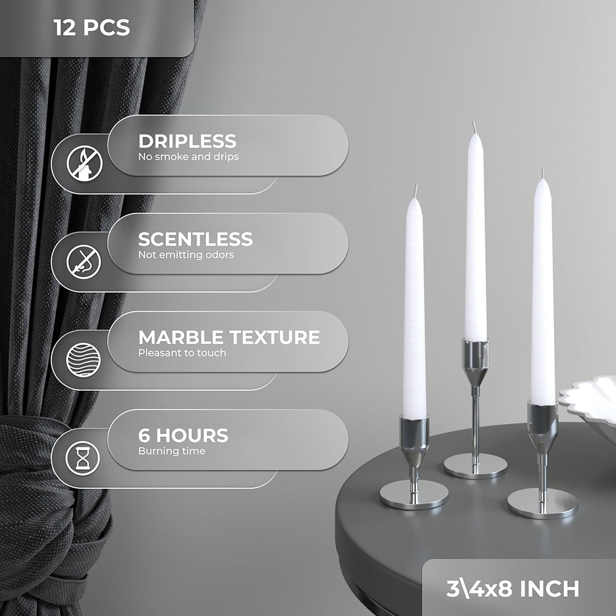 CANDWAX 8 inch White Taper Candles - Set of 12 White Candle Sticks Ideal for Christmas Decorations - Unscented Dripless Smokeless Long Burning Candlesticks - Tapered Christmas Candles for Home Decor