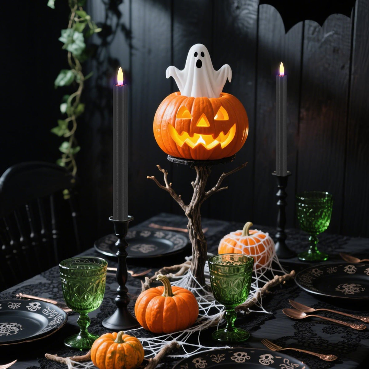 SHENSY Black Flameless Taper Candles, Set of 3 – 9.64" LED Candlesticks with 3D Flickering Flame, Real Wax Battery Candles with Remote and Timer – Elegant Halloween Window and Table Decor
