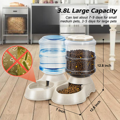 2 Pack Automatic Cat Feeder and Water Dispenser in Set Pet Food Bowl for Small Medium Dog Pets Puppy Kitten Big Capacity 1 Gallon x 2 (Cream)