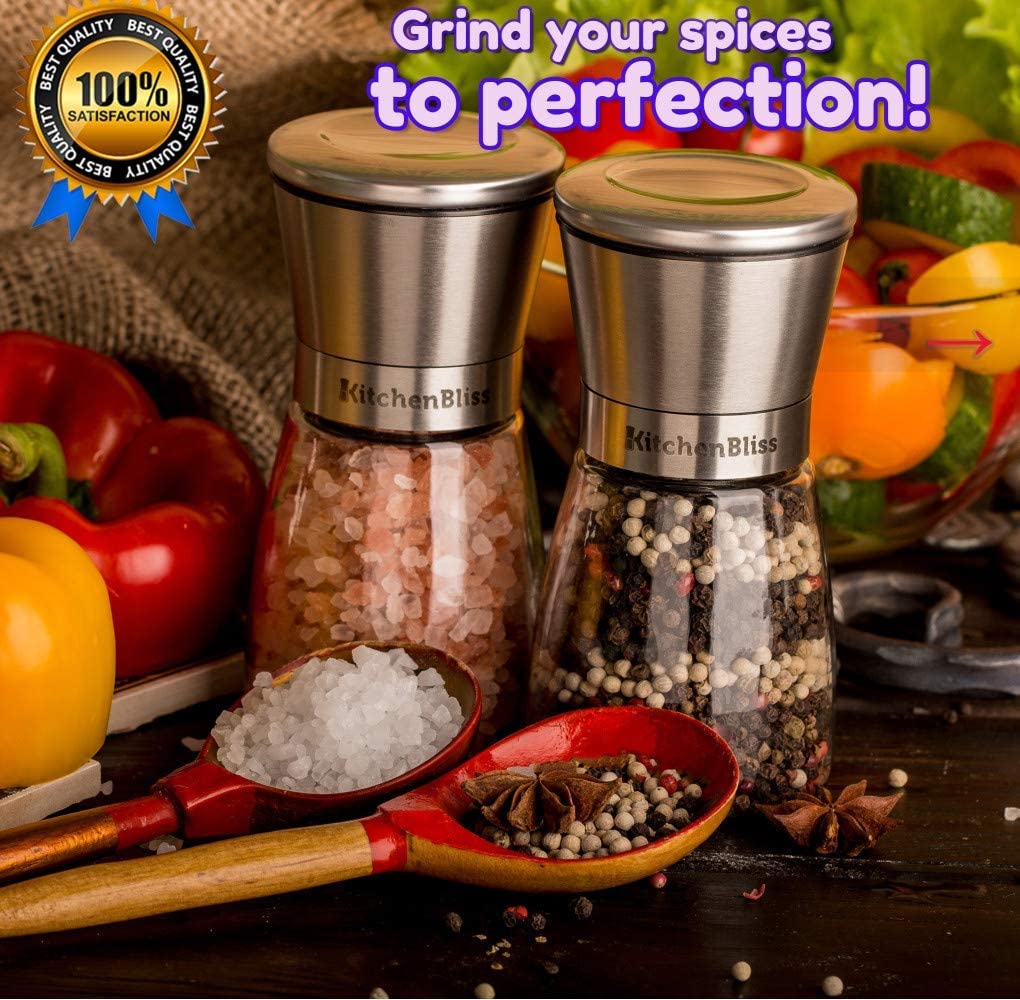 Kitchen Bliss Premium Copper Stainless Steel Salt and Pepper Grinder Set - Short Glass Shakers - Adjustable Coarseness Mills - Refillable with Himalayan Salt, Black Peppercorn - Set of 2