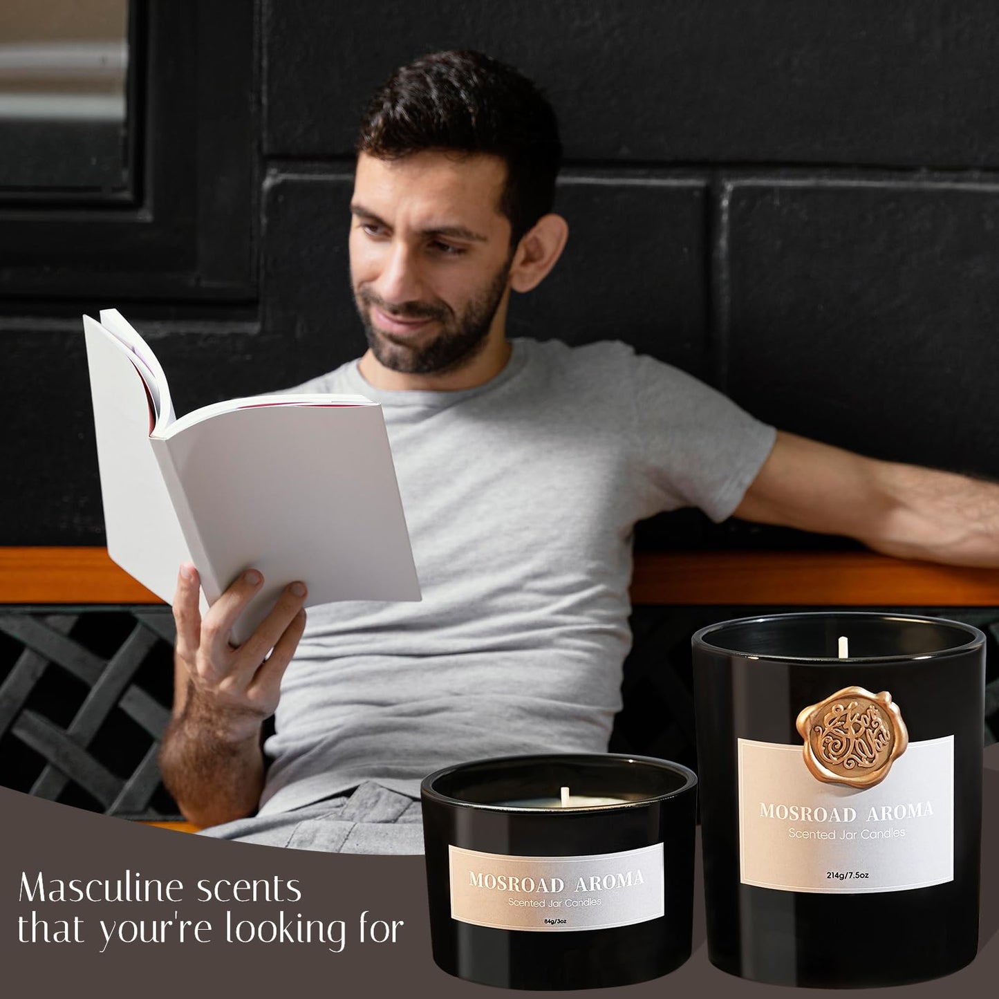 2-Pack Jasmine, Oud & Sandalwood Scented Candles Set for Men, Luxury Aromatherapy Jar Candle for Home Scented, Natural Soy Fragrance Black Jar Candles, Gift for Men, Father, Husband