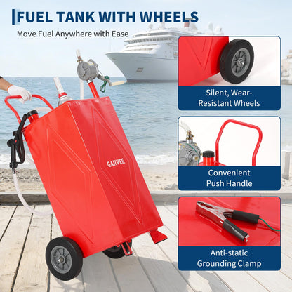 35 Gallon Fuel Gas Caddy Storage Tank, Portable Gas Caddy Fuel Transfer Tank with Wheels, Manual Rotary Pump, Hose, Wide Mouth Fill Port, Fuel Level Gauge, Mobile Gasoline Diesel Transfer Cart for ATV, Tractor, Mower, Car, Boat