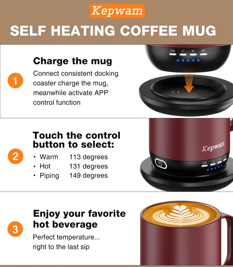 Kepwam Self Heating Coffee Mug T1-16oz(14 oz with lid) Fast Heating & Ultra Long-Lasting Battery Life, Heated Coffee Mug Up to 149℉ - Touch & App Controlled Coffee Mug, Birthday Gifts for Women and Men