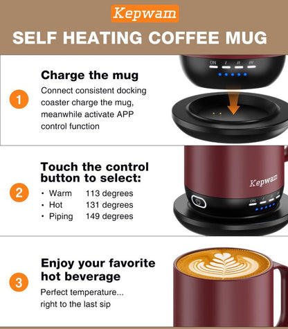 Kepwam Self Heating Coffee Mug T1-16oz(14 oz with lid) Fast Heating & Ultra Long-Lasting Battery Life, Heated Coffee Mug Up to 149℉ - Touch & App Controlled Coffee Mug, Birthday Gifts for Women and Men