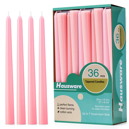 Hausware 36 Pack Taper Candles, 8 Hour Burn Time,Unscented Dripless and Smokeless, 10 inch Elegant Premium Quality Dinner Candle for Home Décor, Restaurant, Wedding, Party Candlesticks (Pink)