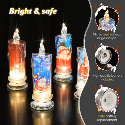SupBri Flameless LED Candles Set of 4 with Santa Claus, Snowman Decals - Battery Operated Christmas Themed Festival Gift Decorations