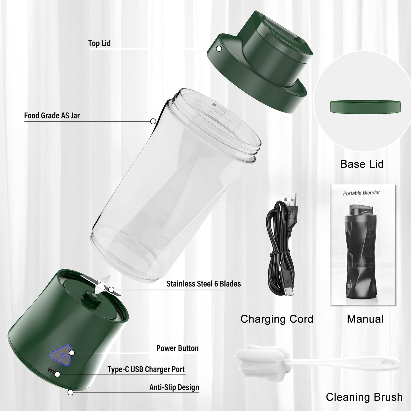 Portable Blender, 360W Personal Blender for Shakes and Smoothies for Kitchen, 24 Oz BPA Free Traveling Juicer Cup and Lid with 6 Blades, Self Cleaning Portable Juicer for Kitchen/Travel/Gym, Black