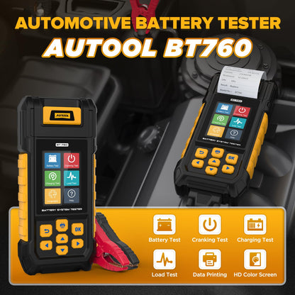 AUTOOL BT760 Automotive Battery Tester with Thermal Printer – 12V/24V Car & Motorcycle Battery Checker, Cranking & Charging Test, Reverse Polarity Protection, HD Color Display