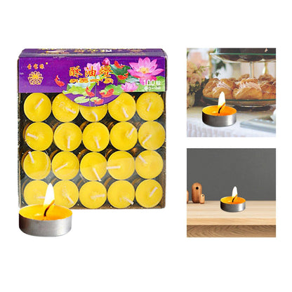 Gcljlmy 100x Smokeless Round Candles 1H Long Burning Tea Light Tibetan Buddhist Church Tealight Ghee Butter Lamp Candles for Meditation Wedding Rituals Altars (Yellow)
