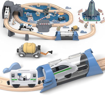 82 Pcs Wooden Train Set for Toddlers Magnetic Train with Track for Kids Ages 3-6 Compatiable with Major Brands Space Railway Playset Gifts for Boys and Girls Ages 3+