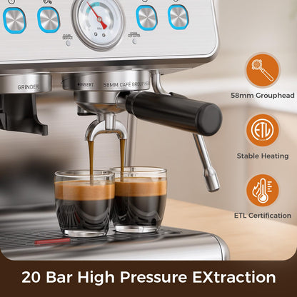 (2026 Upgrade)Electactic Espresso Machine with Grinder, 20 Bar Expresso Coffee Machines, Professional Coffee Maker for Latte & Cappuccino with Milk Frother&Steam Wand,Expresso Machines for Home-Silver