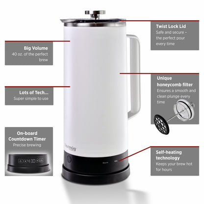 Nextmug Press - Temperature-Controlled, Self-Heating French Press (White - 40 oz.)