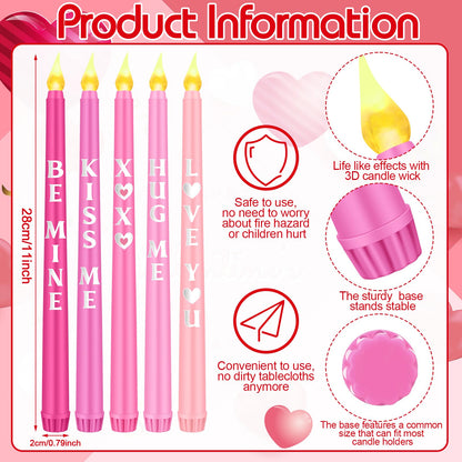 Aurelema 5 Pcs Valentines Day LED Flameless Candle Set Valentine Day Conversation Flameless Taper Candles with Words Battery Operated Seasonal Celebration with Remote for Wedding Romantic Night