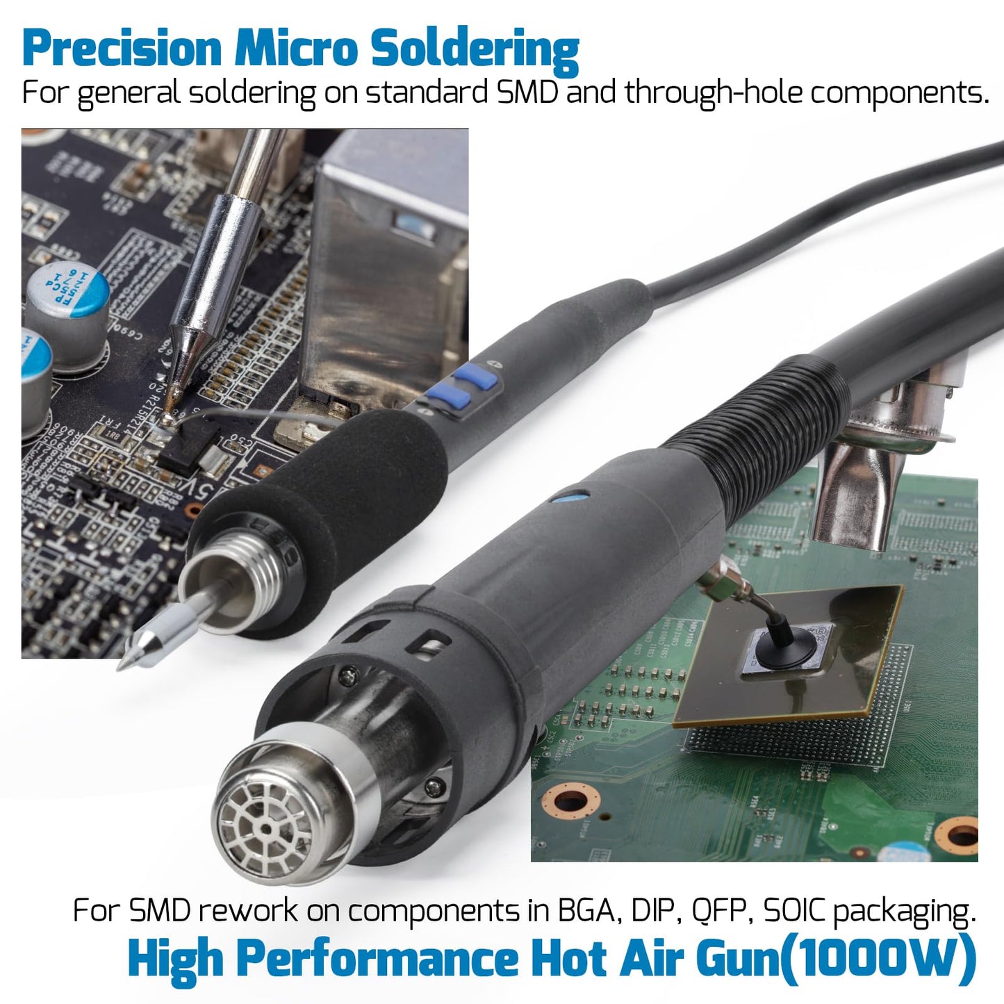 WEP 992D-III 2-in-1 Soldering Station and Hot Air Rework Station - High-Power Soldering Iron Kit with C245-compatible Cartridge, 1000W Hot Air BGA Rework Station for SMD, IC Repair