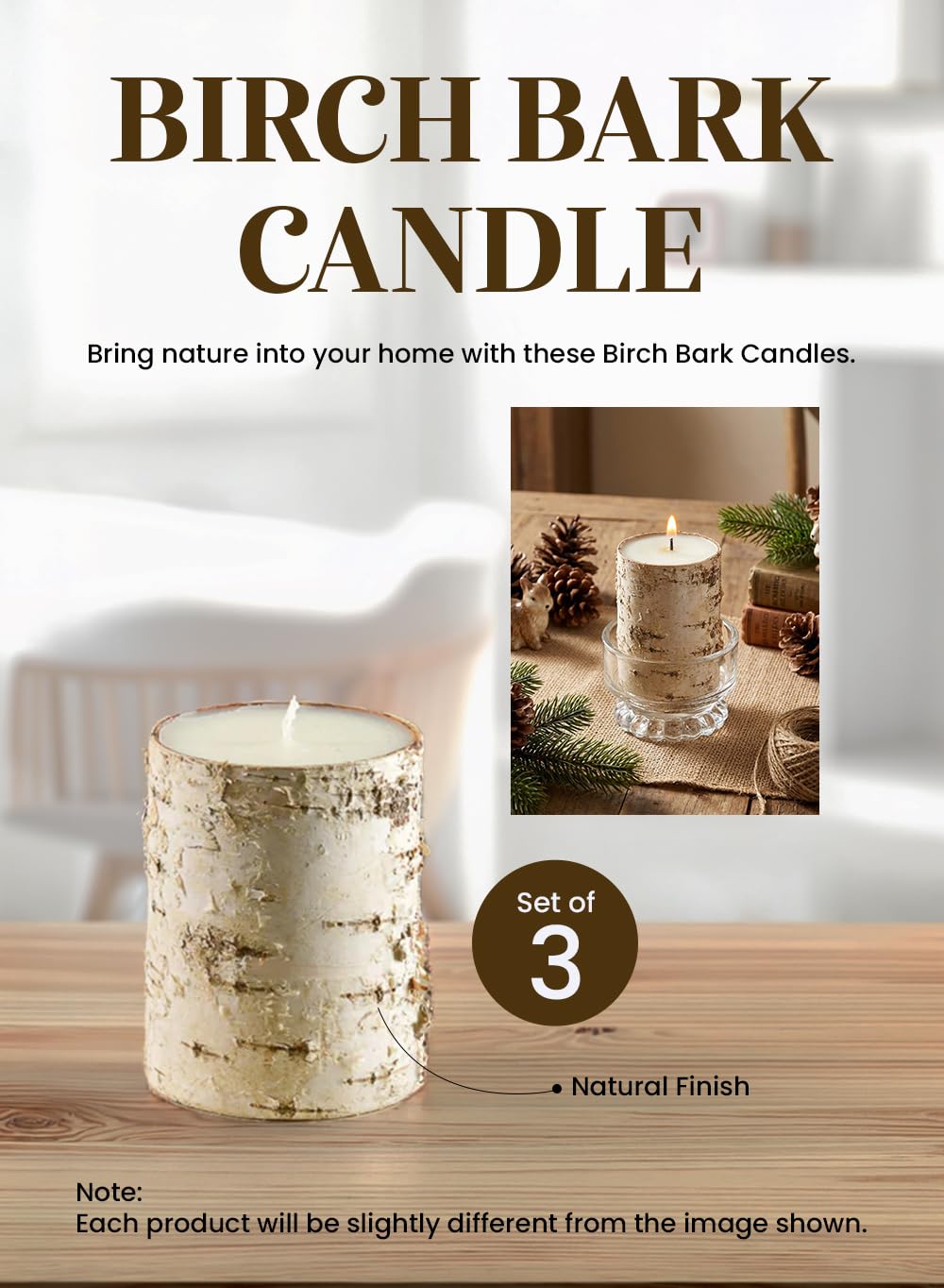 Serene Spaces Living Birch Bark Unscented Pillar Candles, Rustic Decorative Candles for Weddings, Events, Restaurants, Parties & Natural Home Decor, 3" Diameter x 4" Tall, Pack of 3
