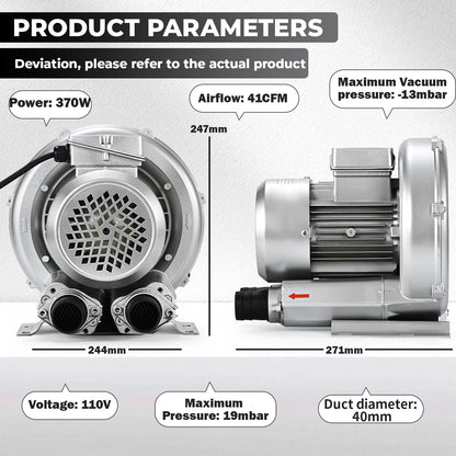 Byjoph 0.6HP Regenerative Blower, 41CFM 110V 60Hz Single Phase, High-Pressure Vortex Ring Blower, Industrial Vacuum Pump for Air Blowing Or Suction for Sewage Aeration Aquarium Fish Pond, Silver
