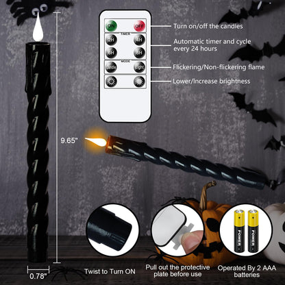 DRomance Flickering Flameless Taper Candles with Remote and Timer, 2 Pack Battery Operated LED Taper Candles 3D Wick Plastic Dripping Effect Dinner Halloween Indoor Decor(Black, 0.78" D x 9.65" H)