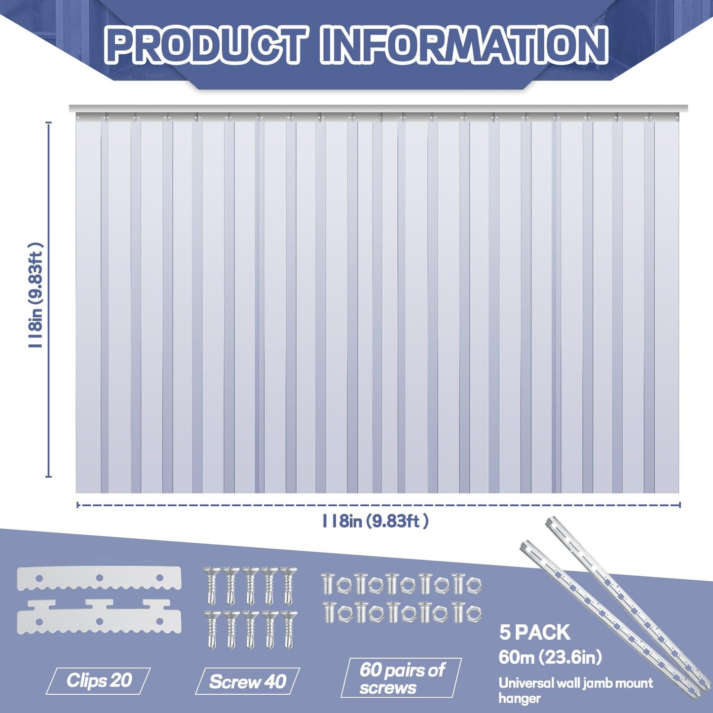 Juexica 118 x 118 Inch Plastic Strip Door Curtain Kit 0.08'' Walk in Cooler Curtains PVC Freezer Door Curtain Smooth Waterproof Insulation Hurricane Shutters Gate for Warehouse Garage Industry (Clear)