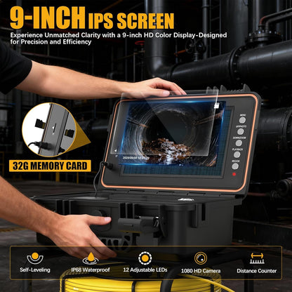 Sewer Camera, 9" HD Industrial Borescope Drain Camera with Self-Leveling, IP68 Video Endoscope Pipe Inspection Cameras, 100Ft(30M) 5MM Thicker Cable with Meter Marking, 5X Zoom, DVR, 32GB