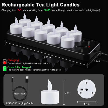 Esup Rechargeable Tea Lights Rechargeable Candles Flameless Flickering Candles Tealights 12pcs/Set with Black Charging Base, Decoration Parties, Weddings, Bar, Family, Dinner Outdoor Picnic ﻿