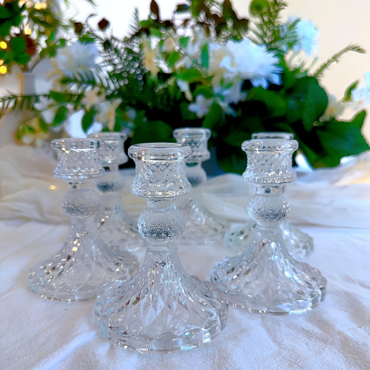 ECHFSM Glass Candlestick Holder,Striped Taper Candle Holders,Set of 6 Candle Stand for Table Centerpieces, Home Decor,Weddings,Festival and Parties (Clear Dimond Pattern)