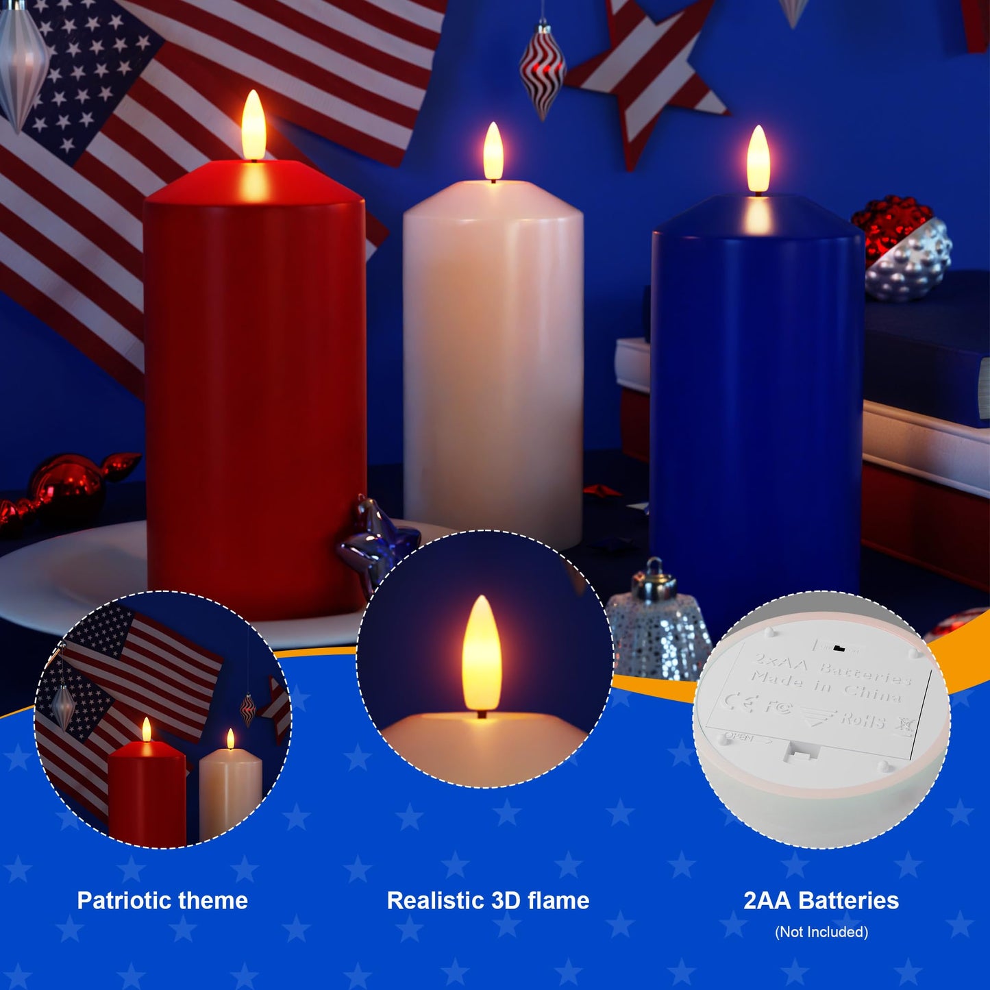 AFINETH Patriotic Red White and Blue Candles, Real Wax Flameless Pillar Candles with Remote, 4th of July Led Candles, Independence Day Flameless Candles for Patriotic Decor, 3 Pack (D 3" x H 6")