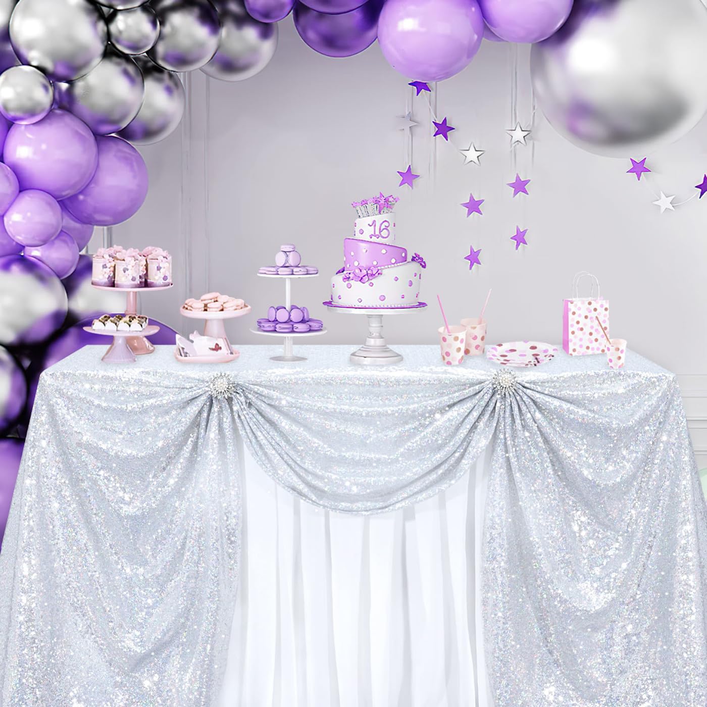 B-COOL Silver Sequin Tablecloth Fabric Parties: Laser Glitter Birthday Table Cloth Sparkly Iridescent Shimmer Rectangle 90x156 Inches Cloths Decorations for Party Supplies Event Wedding Decor