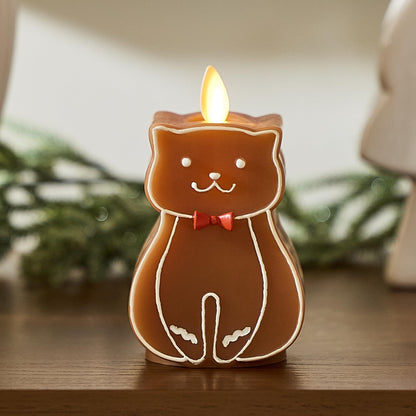 Luminara Flickering Flameless Candle 2.5" x 4.3", Battery Operated & Timer Function, Remote Ready (Sold Separately), Gingerbread Cat Moving Flame LED Light Figural Candle for Christmas Holiday Display