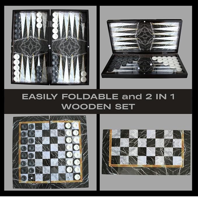 Park&ampOz Premium Turkish Backgammon and Checkers Set 19 Inch Handmade 2 in 1 Wooden Board Game with Glossy Finish Luxury Checkers and Dice Travel Friendly and Foldable (Black Marble)