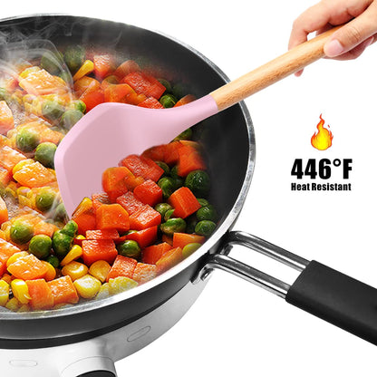 Silicone Kitchen Utensils Set - 446°F Heat Resistant Cooking Utensil Sets, Spatula,Turner,Tongs,Spoon,Brush,Whisk, Wooden Handle Silicone Kitchen Gadgets Tools for Non-Stick Cookware BPA Free (Pink)