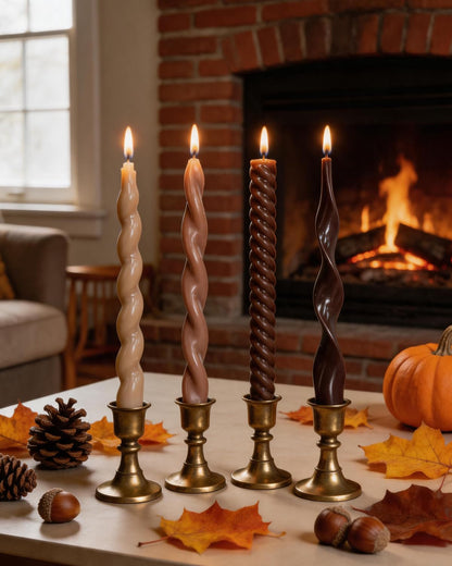 Brown Taper Candle Stick Spiral Taper Candle for Wedding Party Fall Decoration Home Dinner Decoration Unscented Candles,10inch,4 Pack