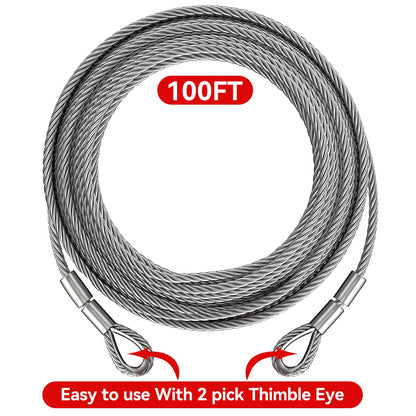 Winch Cable,Towing Cable Heavy Duty,with 2 Pick 3/8" U-clamp Slide Hooks,3/8 inch 7x19 Stranded Construction,13980 lbs Breaking Strength 100 Feet