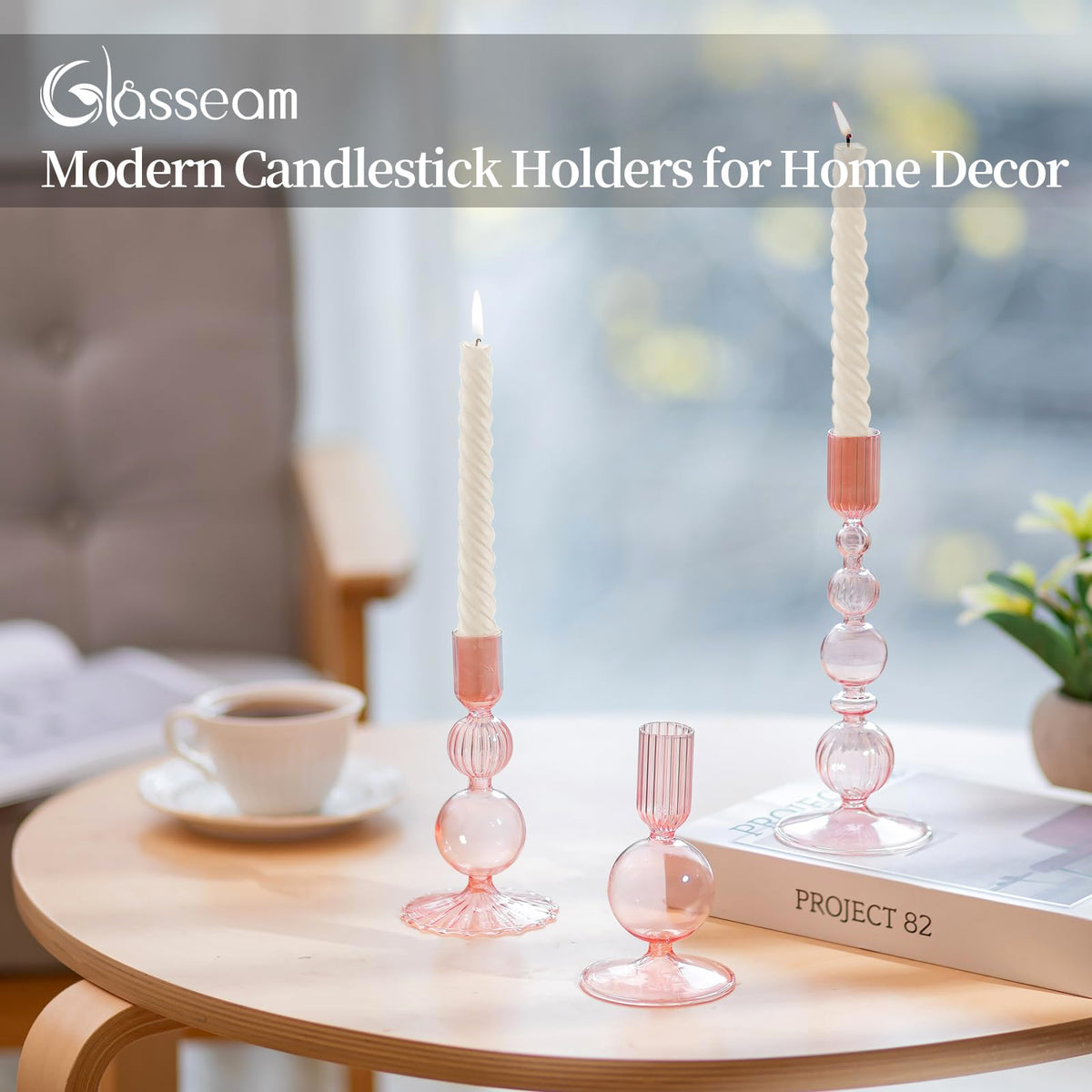 Glasseam Pink Glass Candlestick Holder: Unique Candle Holders Set of 3 Modern Taper Candle Holder Decorative for Table Centerpiece Party Christmas Home Wedding Decoration