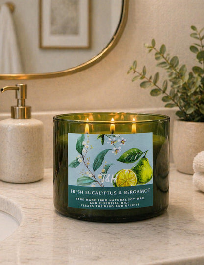 Eucalyptus Bergamot 3 Wick Candle for Home Scented | 15.8 oz Large Soy Candle | Spa Aromatherapy Candles for Home Stress Relief Relaxation | Clean Burn | Gift for Women & Men Housewarming