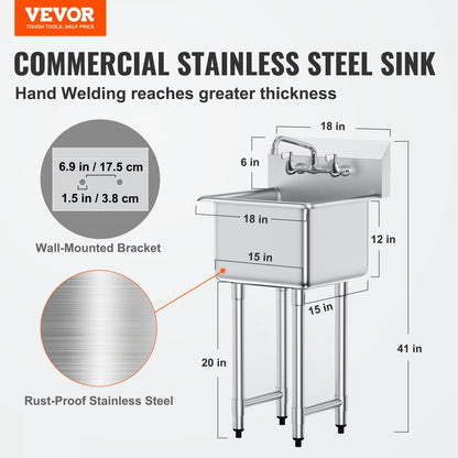 VEVOR Stainless Steel Prep & Utility Sink, 1 Compartment Free Standing Small Sink Include Faucet & legs,commercial Single Bowl Sinks for Garage, Restaurant, Kitchen, Laundry